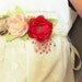 Pink, Coral and creamy beige trio of handmade flowers with beading on ribbon sash (Ready to ship) ROSALEA