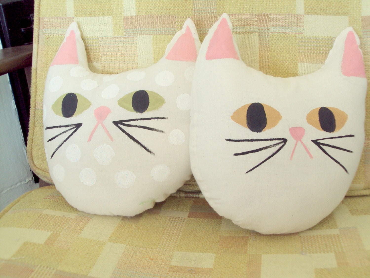 TUFT hand painted cream canvas cat pillow size small with glitter polka dots