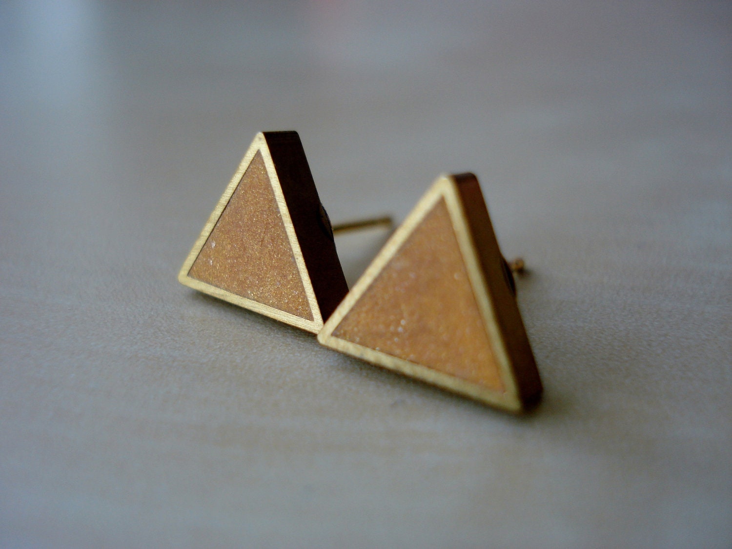 gold shimmer small brass triangle stud earrings