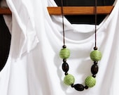 Corded Necklace - Coffee Brown Wooden Beads and Corded Beads in Fresh Green and Moss Green Spiral Lines. Autumn. Fall. Minimalist