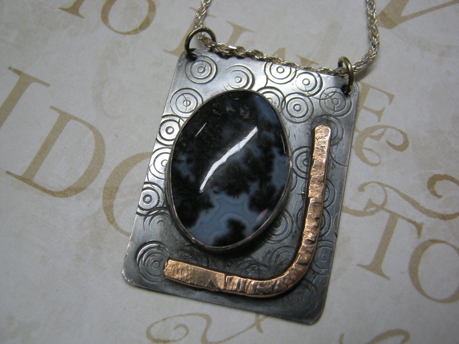 Moss  Agate Sterling Silver Patina Pendant with 14K Gold filled wire  Necklace