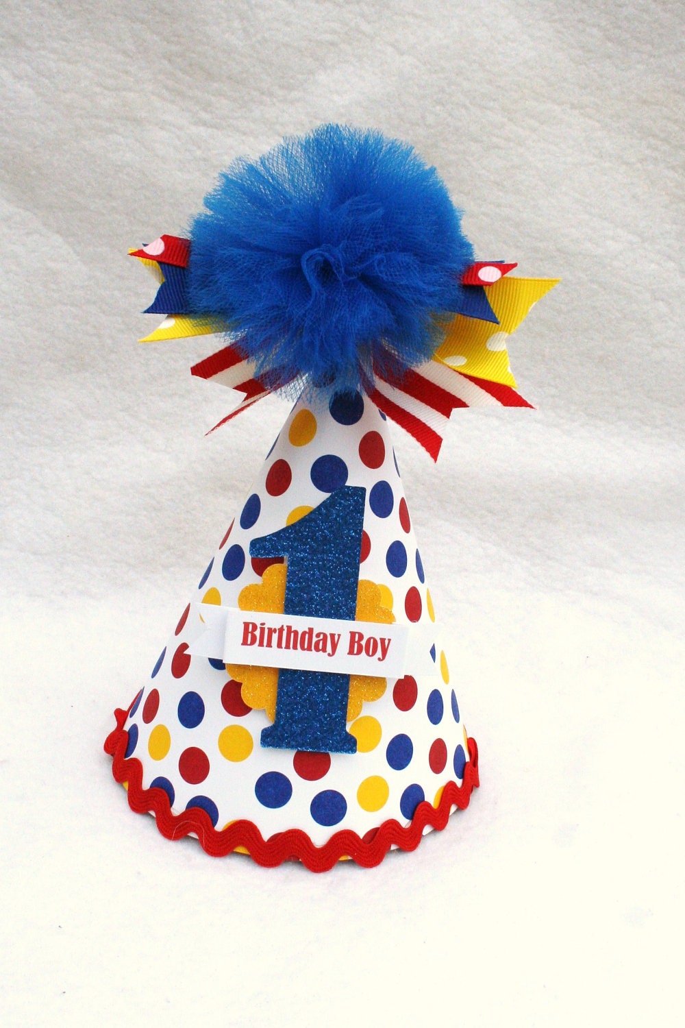 Little Dude birthday party hat in red yellow and blue polka dot primary colors - LittlePinkTractor