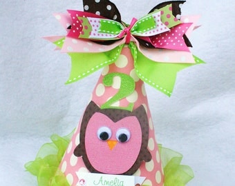 Hoot Owl birthday party hat in pink. lime and chocolate brown polka dot