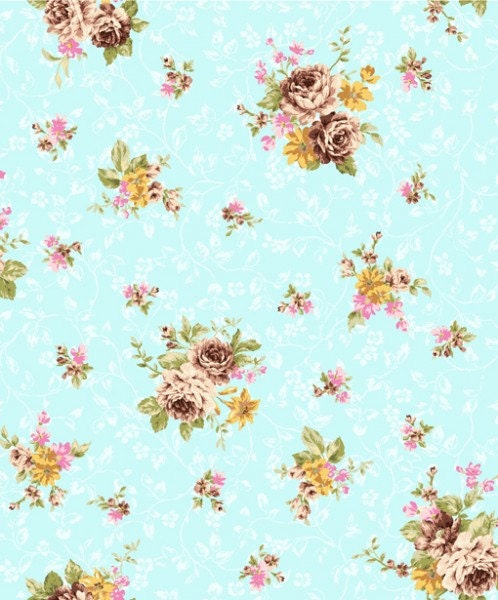Japanese, Shabby Chic, ANTIQUE ROSES, Medium Rose Bouquets in Aqua, 1/2 Yard