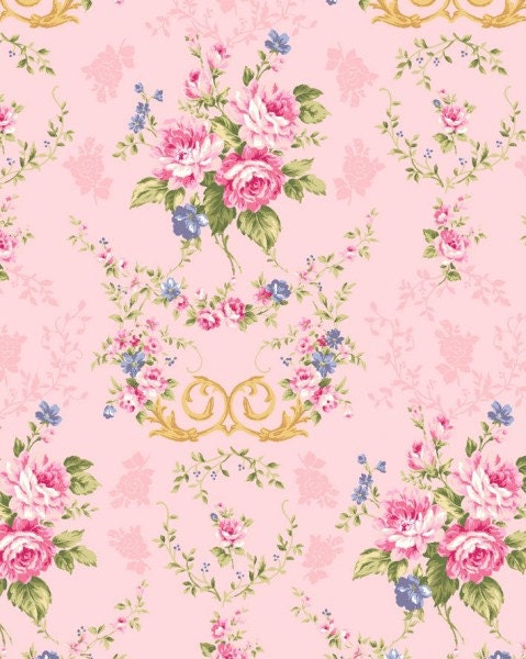 Japanese, Shabby Chic, ANTIQUE ROSES, Rose Cameo and Bouquets in Pink, 1/2 Yard