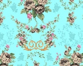 Japanese, Shabby Chic, ANTIQUE ROSES, Rose Cameo and Bouquets in Aqua, 1/2 Yard