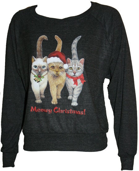 MEOWY CHRISTMAS Cats American Apparel Slouchy Raglan Sweatshirt "Sweater" Black S, M, or L