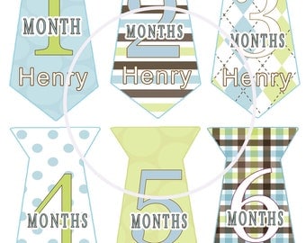 HUGE SALE PERSONALIZED  Baby Monthly Onesie Stickers Boy  Gift  Blue Green Brown  uncut  Tie