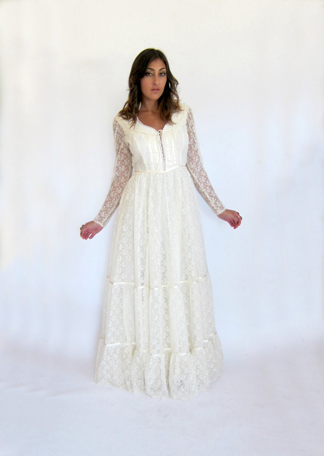Vintage 70s GUNNE SAX Lace Wedding Dress ML