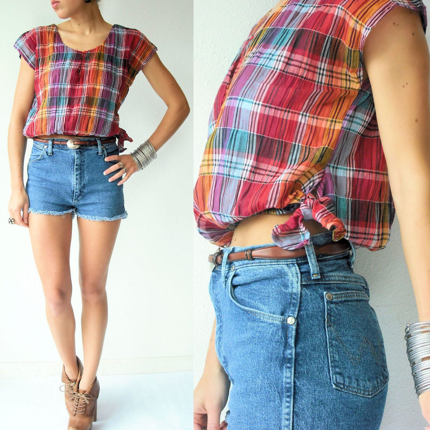 Vintage 80's Rainbow Plaid Crop Blouse / Crinkle Gauze Top / Side Tie