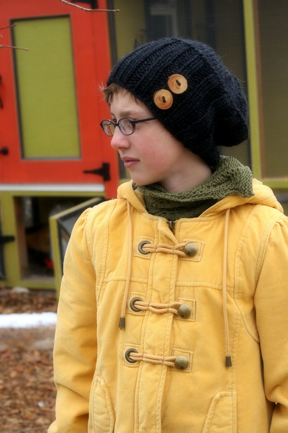 Slouchy Chunky Alpaca Stull Cap with wooden tree branch buttons... Jet Black ... Ready to ship