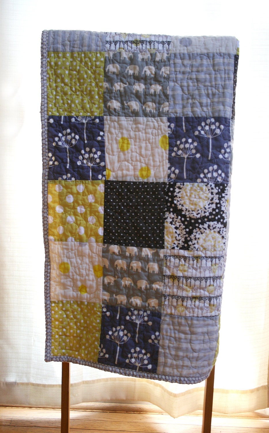 Grey and yellow with elephants, dots and spring buds - crib size in contemporary style