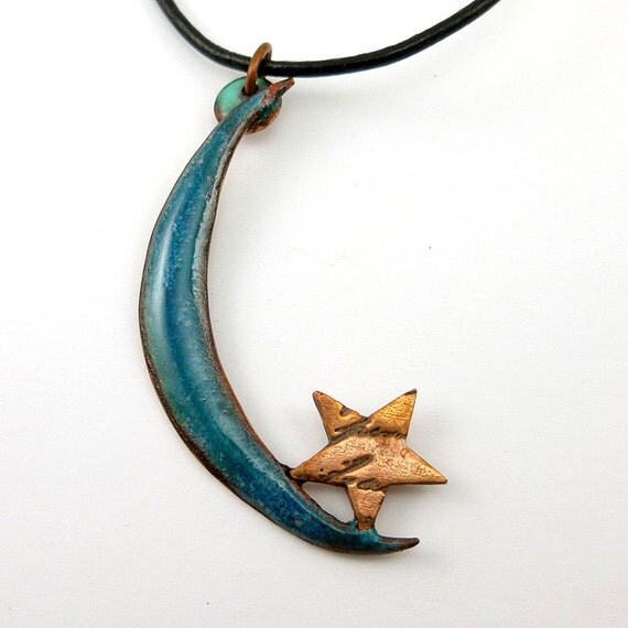 Enamel Blue Crescent Moon and Star Necklace