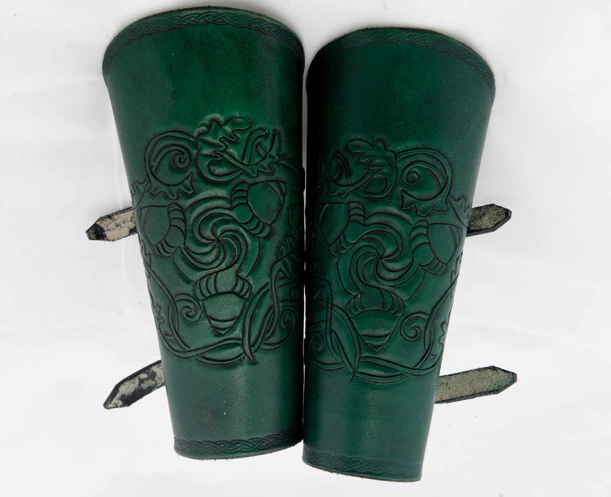 Green leather bracers with embossed acorns armour armor cuff