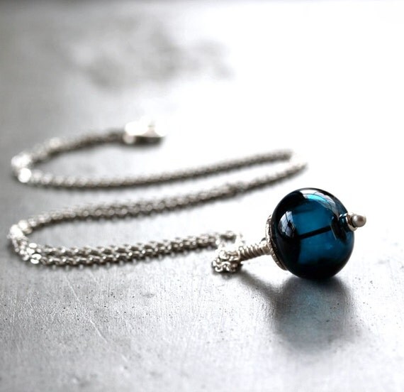 Lampwork Glass Necklace, Midnight Indigo Ink Blue Lampwork Hollow Sterling Silver Necklace - Blue Velvet