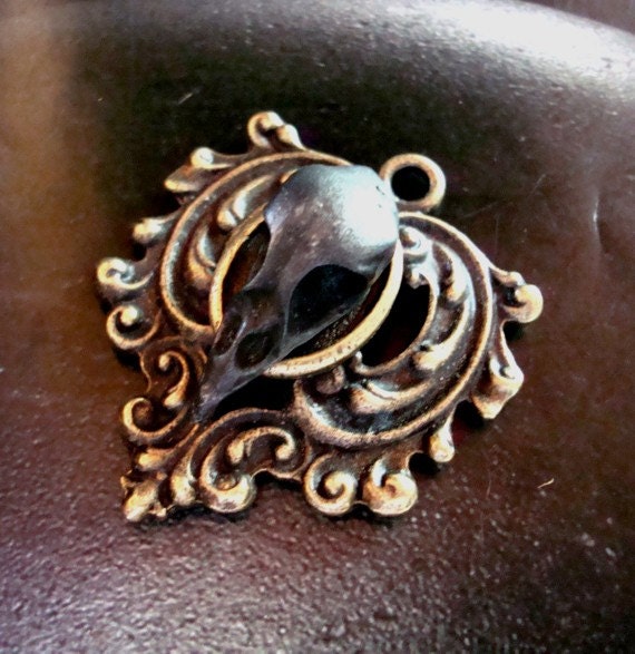 Raven Bird Skull Pendant Art, Dark Metal Skull, Quality Backing with Vintage Brass Ox Finish, Great Necklace Supply