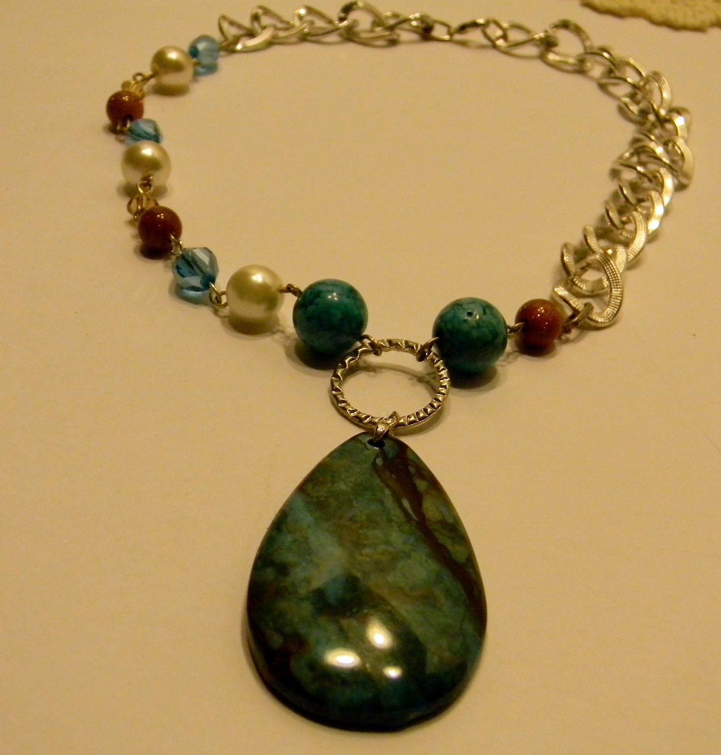 Etsy Jewelry Sale: 15% Off Modern Turquoise And Pearl Necklace-Teardrop Turquoise Pendant-Turquoise Beaded Necklace-Handmade