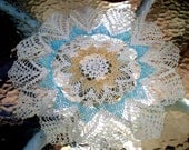 Vintage Crochet Beaded Doily 100s of Seed Beads Aqua / Gold / Yellow Gorgeous Home Decor Decorating Retro Housewares