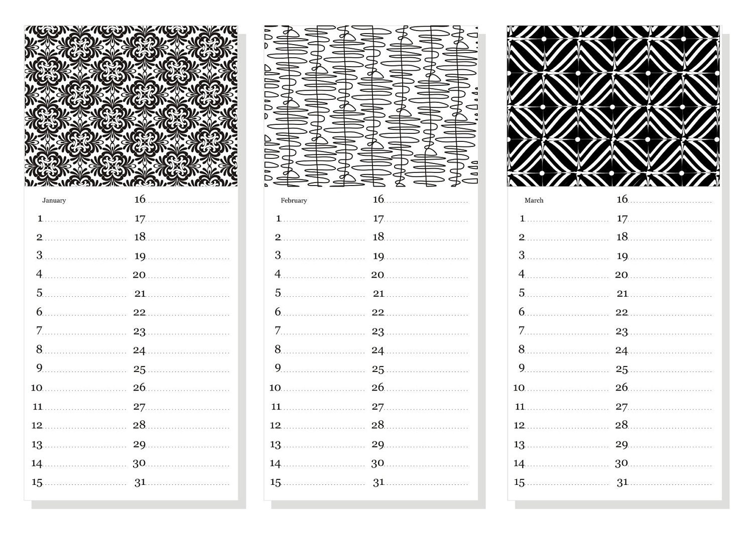 Holiday christmas new years Diy printable perpetual wall desk calendar organize personalized gift 5"X11" black and white birthday wedding