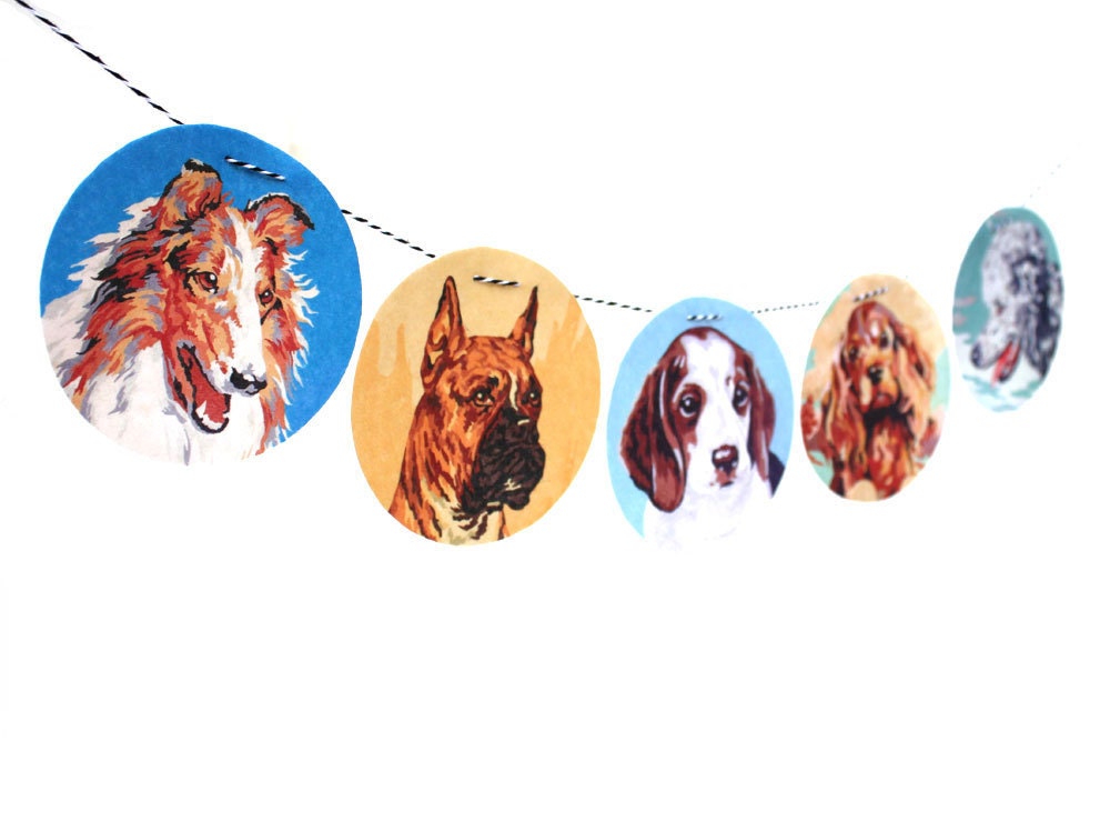 Vintage Paint By Number Dog Garland, photo reproductions on felt, childs room decor, collie, boxer, beagle, springer, poodle