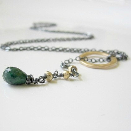 Emerald Necklace, May Birthstone, Oxidized Sterling Silver, Gold Pyrite, Green Gemstone, Lariat - Emerald City
