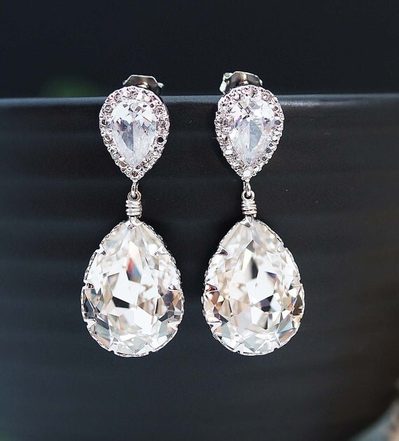 Wedding Jewelry Bridal Earrings Bridesmaid Earrings Dangle Earrings Clear White Swarovski Crystal Tear drops with Cubic Zirconia Ear posts
