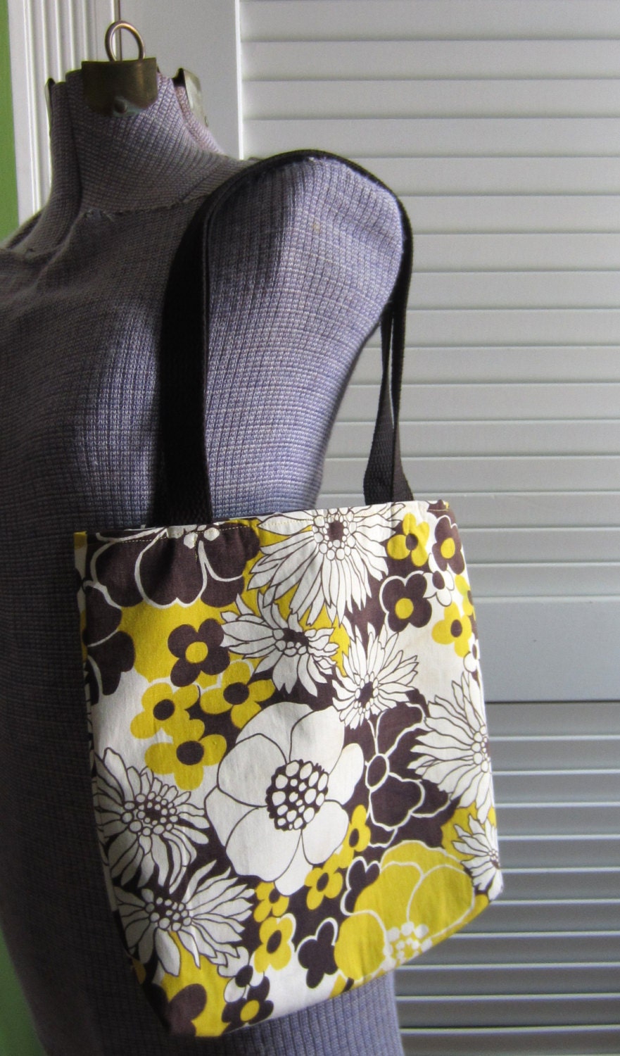 Upcycled Tote Bag made from a Pair of Vintage Black and Yellow Floral Napkins