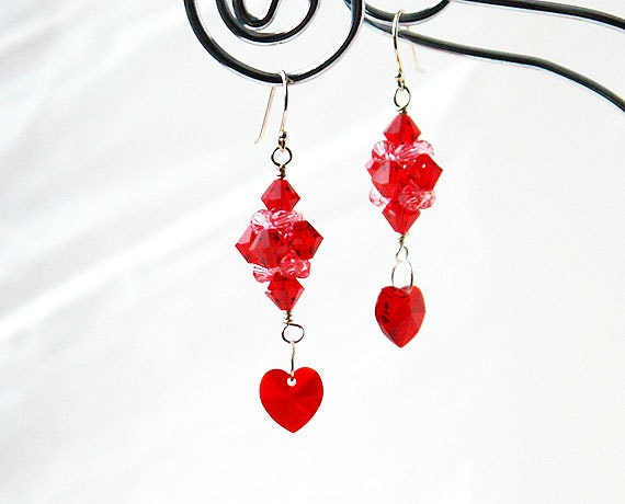 Red Swarovski crystal Hearts Earrings