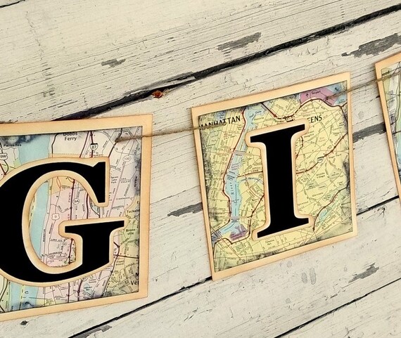map banner gifts bunting wedding reception recycled decoration