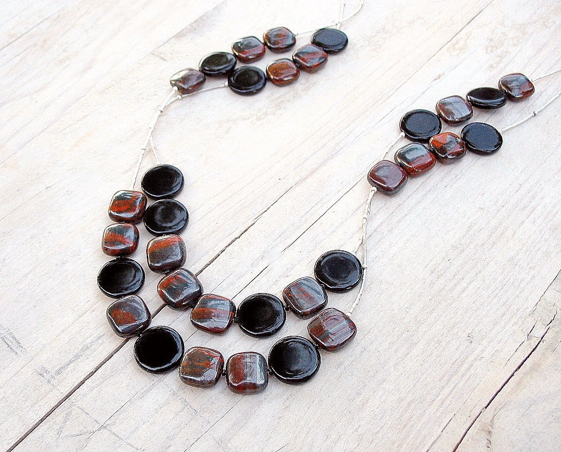 Long Beaded Silver Double Strand Necklace, Earth Tones, Burnt Umber Rust Grey Black Gemstone Beads, Multi Chain