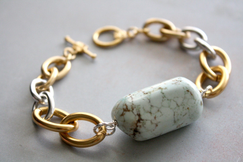 Arm Candy - pale blue stone mixed metal link bracelet - gold and silver chain bracelet