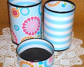 Pencil Cups Aqua and Pink Whimsical Floral and Stripes Pencil Holder Desk Accessory Set No. 205