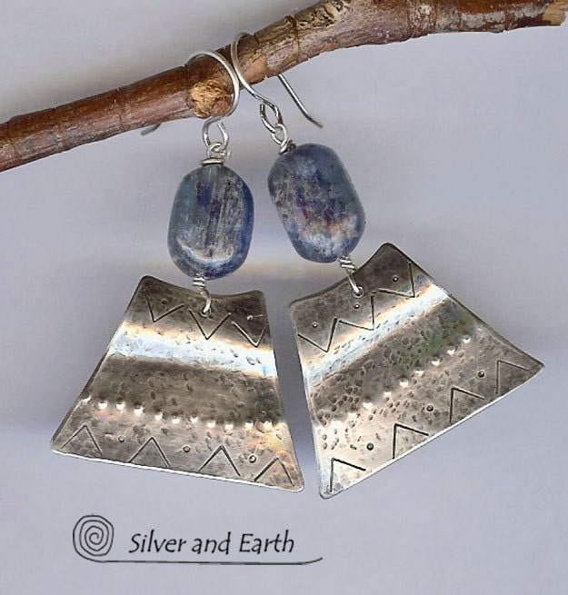 Kyanite Sterling Silver Earrings, Artisan Silver Metalwork Jewelry, Blue Kyanite Jewelry, Modern Tribal Earrings