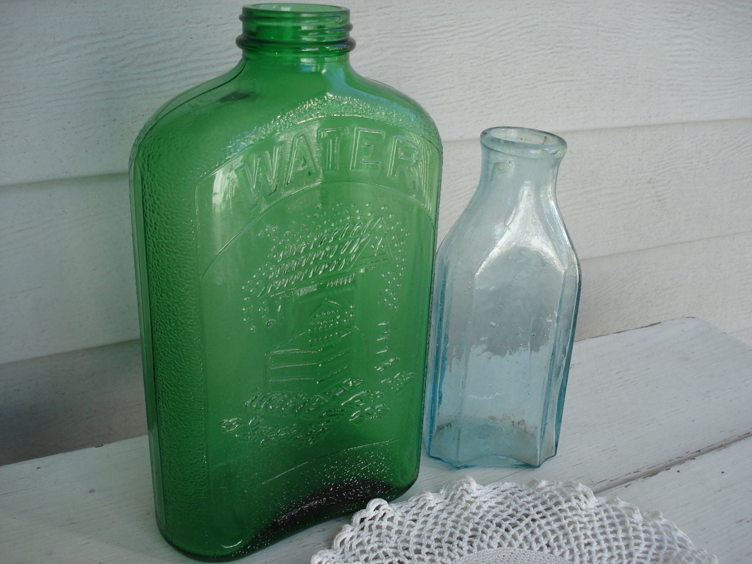 Antique Green Glass Water and Aqua Bottles by boxerlovinglady