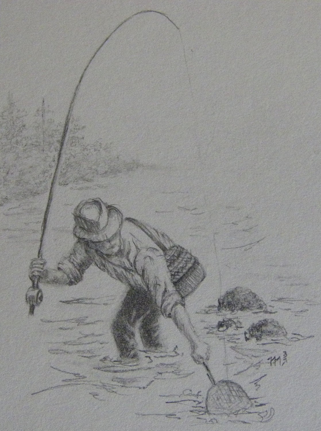 Fishing black and white pencil drawing by m3DrawingsPlus on Etsy