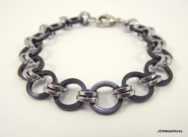 Unisex Japanese Weave Black and Silver Aluminum Bracelet, Chainmaille Bracelet, Chainmail Bracelet, Square Rings