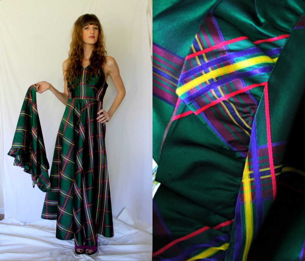 Emerald Green Plaid Taffeta Halter Dress and Shawl - Maxi - Holiday Party Formal - Small