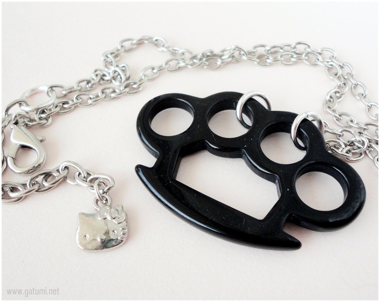 Brass Knuckle Necklace, Black Acrylic Pendant, Silver Tone Chain - Rockabilly Pinup Girl