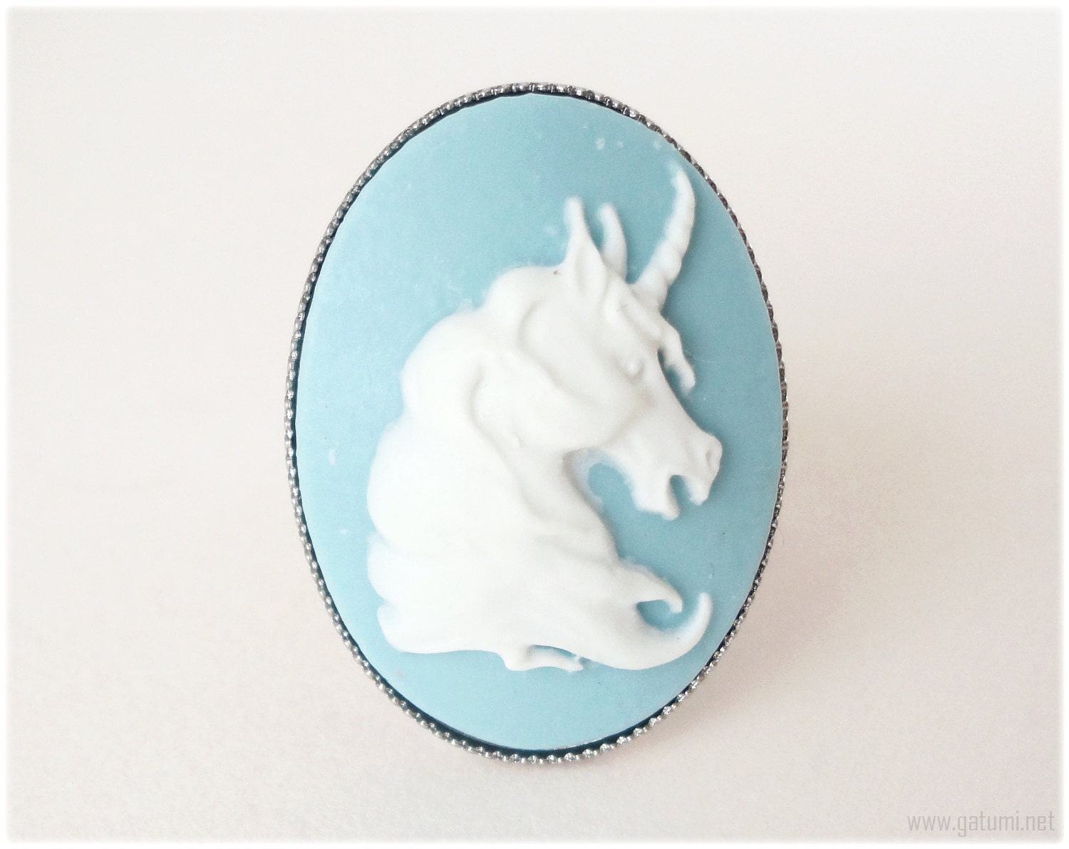 Oval Unicorn Ring, Pastel Blue Cameo, Silver Plated - Fairy Kei, Fantasy