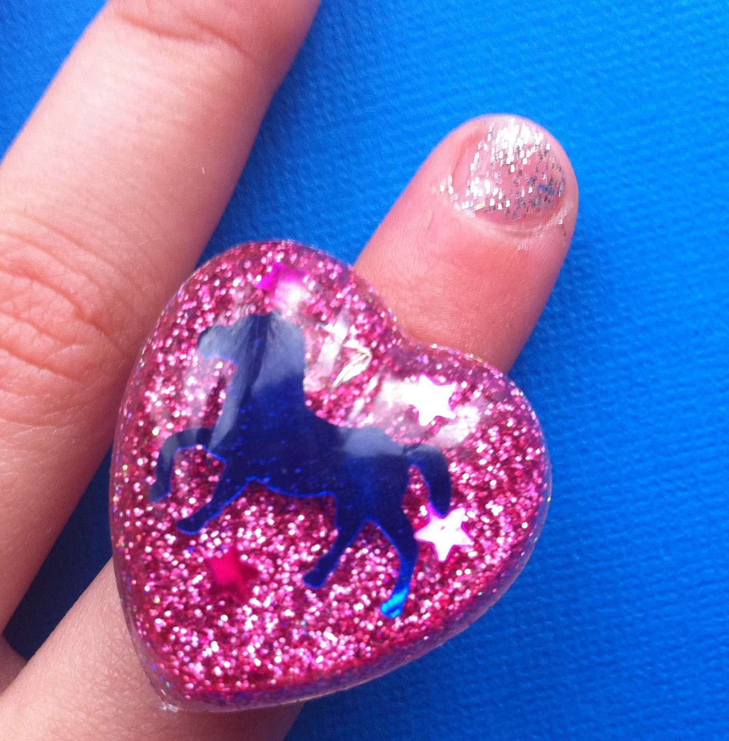 Resin Heart Ring- Pink Glitter with Blue Pony