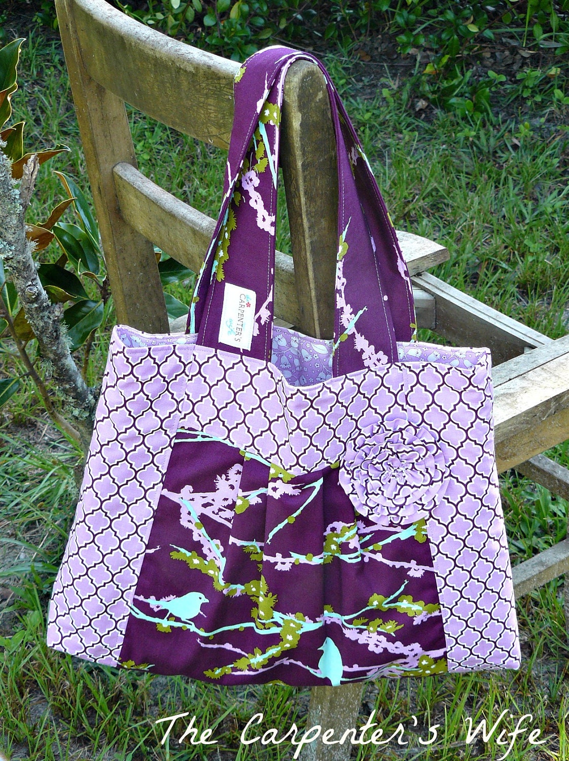 Purple Sparrows pleated purse with lavender, blue and birds too