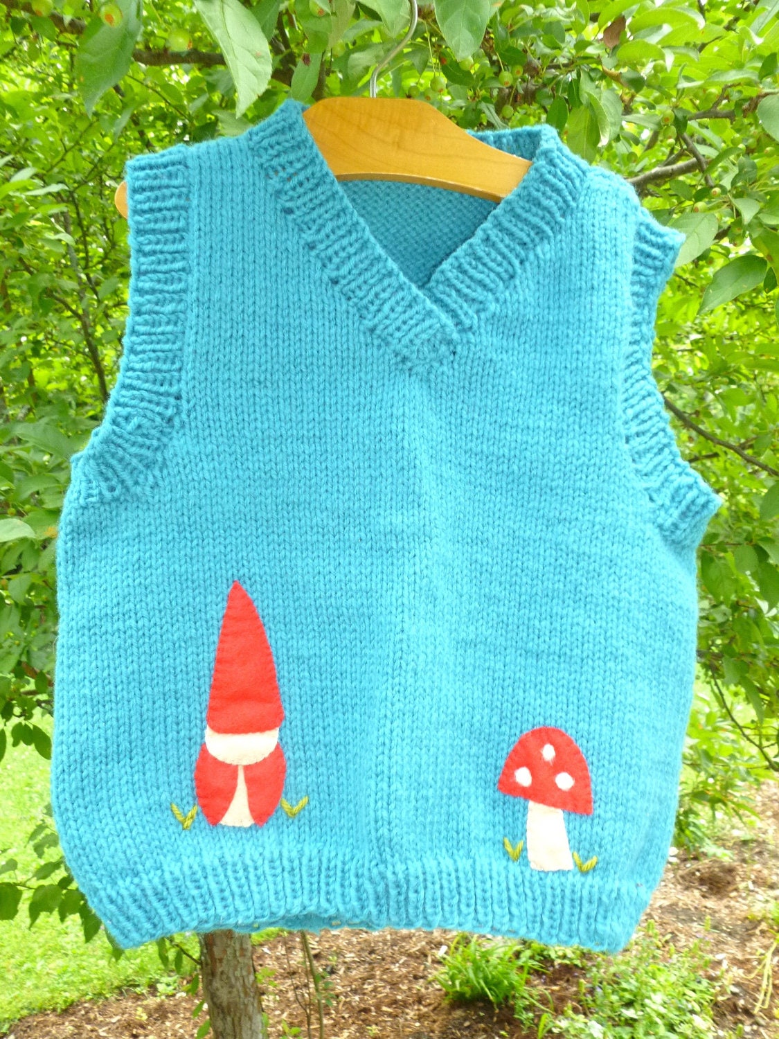 Hand knit wool vest size 5-6 gnome and mushroom Waldorf ready to ship