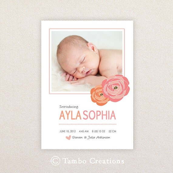 Girls Photo Birth Announcement. I Customize, You Print. flowers. Il_570xn