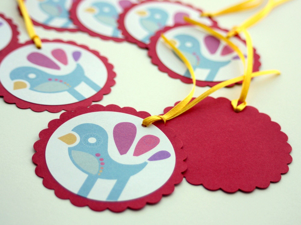 Winter Snow Birds Deluxe Gift Tags - set of 10 - original contemporary design in golden yellow, soft grey, cherry red