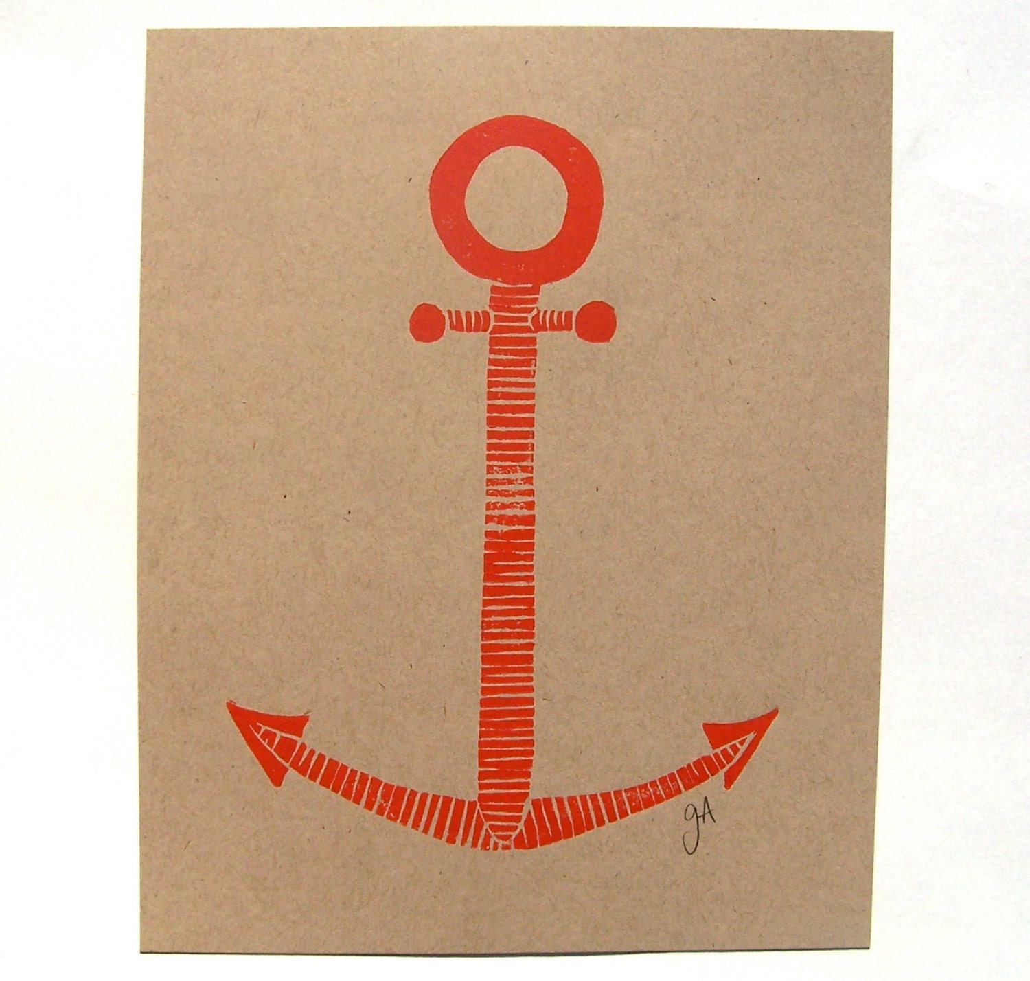 LINOCUT PRINT -  Minimal red nautical anchor 8x10 on kraft