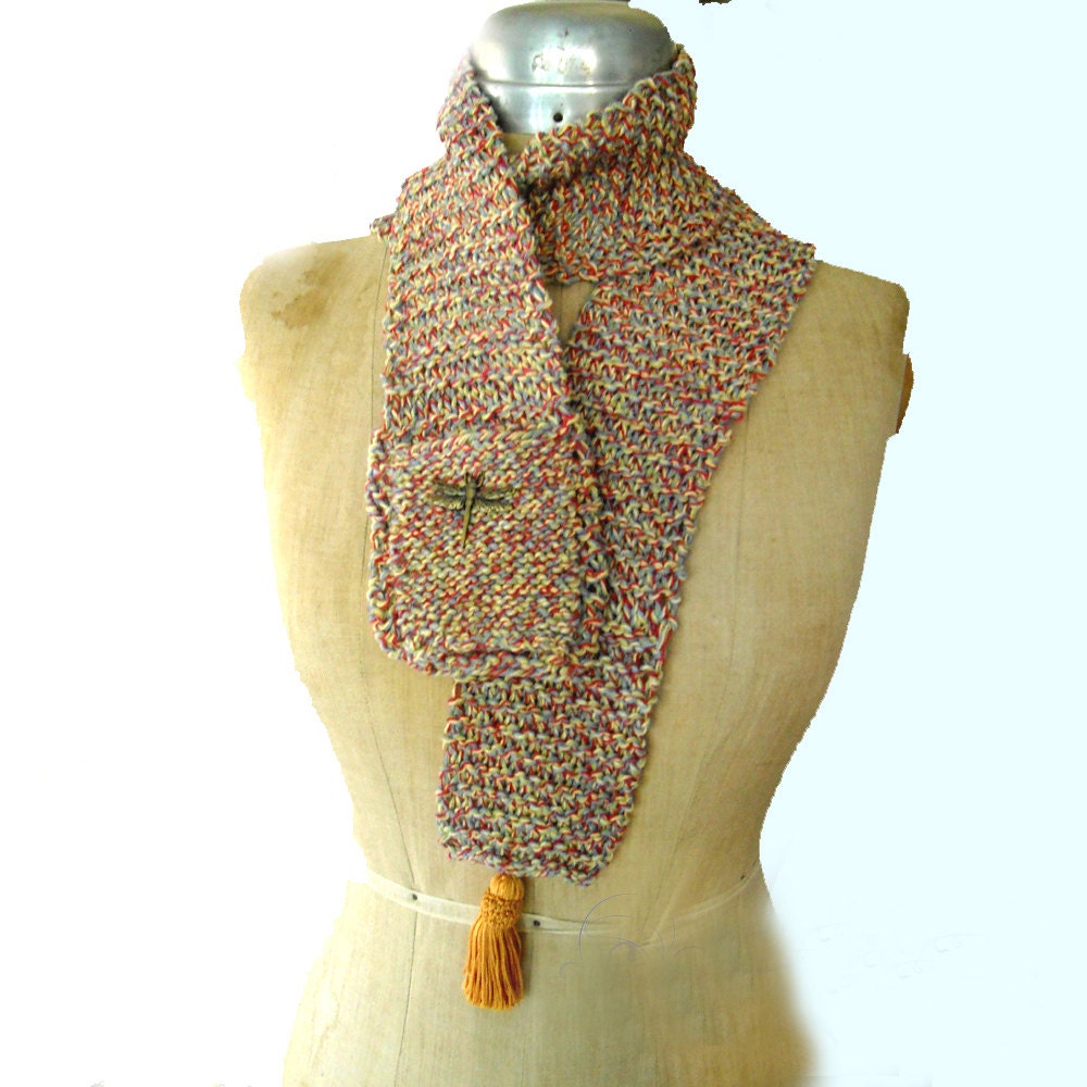 hand knit ooak long scarf with an iphone, ipod, mp3 player pocket at one end and a vintage tassle & dragonfly