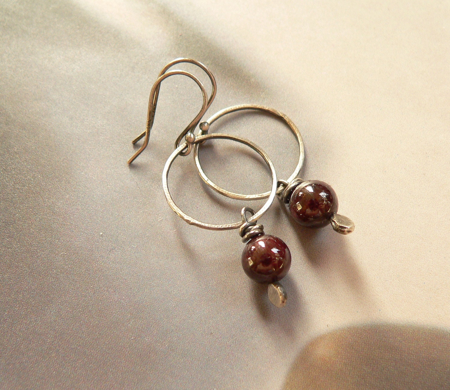 Garnet silver earrings, metalwork earrings, dangle earrings, Sterling silver jewelry, large hoop