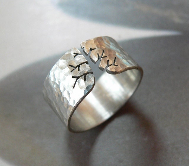 Autumn tree ring, rustic silver ring, hammered ring, metalwork jewelry