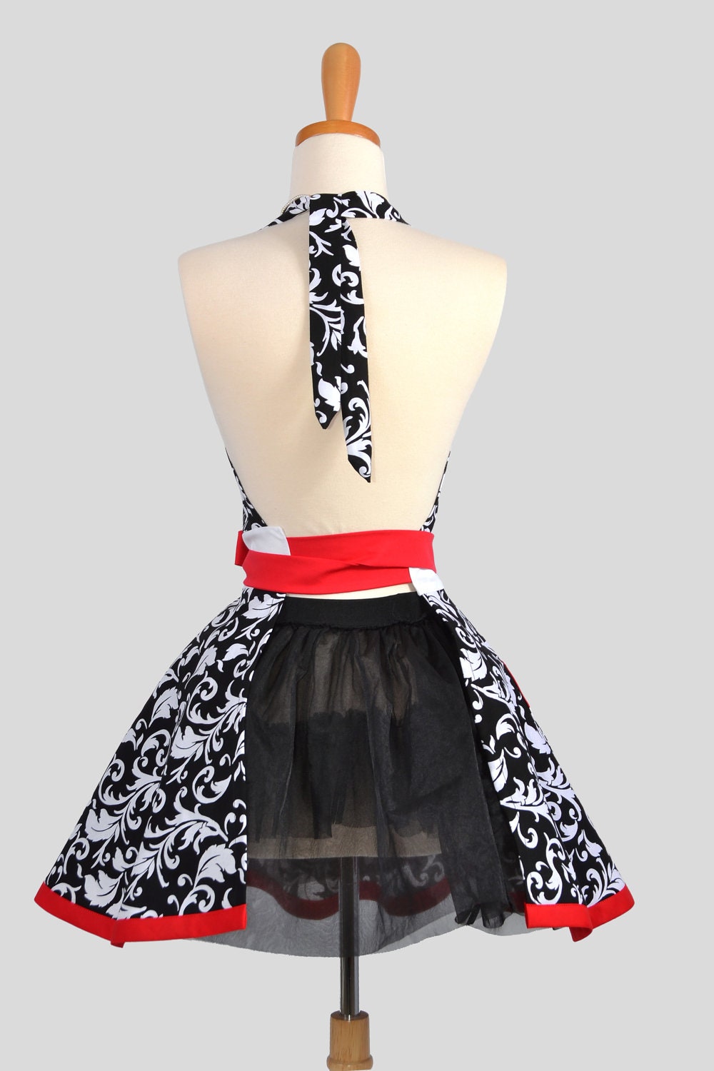Womens Flirty Sweetheart Apron : Retro Ruffles in Sexy Damask with Cherry Red and White Accents