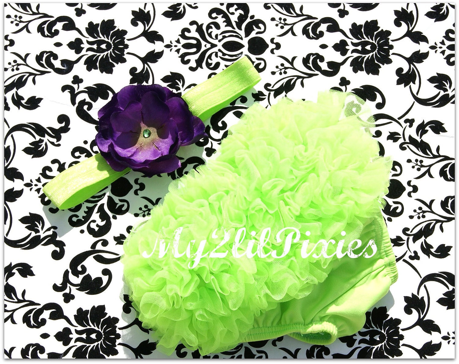 Photo Prop Set- Chiffon Ruffle Bum Baby Bloomer and Baby Girl Headband Set- Choose your Size - Photo Prop- MY2LILPIXIES